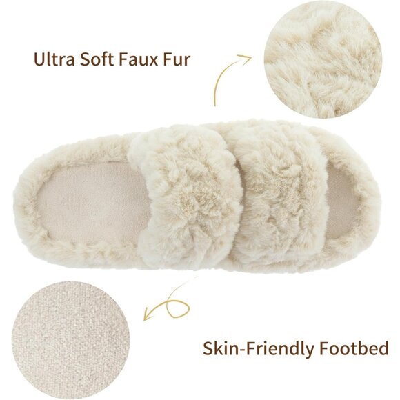 Women’s Tan Pluffie Arch Memory Foam Cozy Faux Fur Open Toe Slippers Shoes - Picture 5 of 6